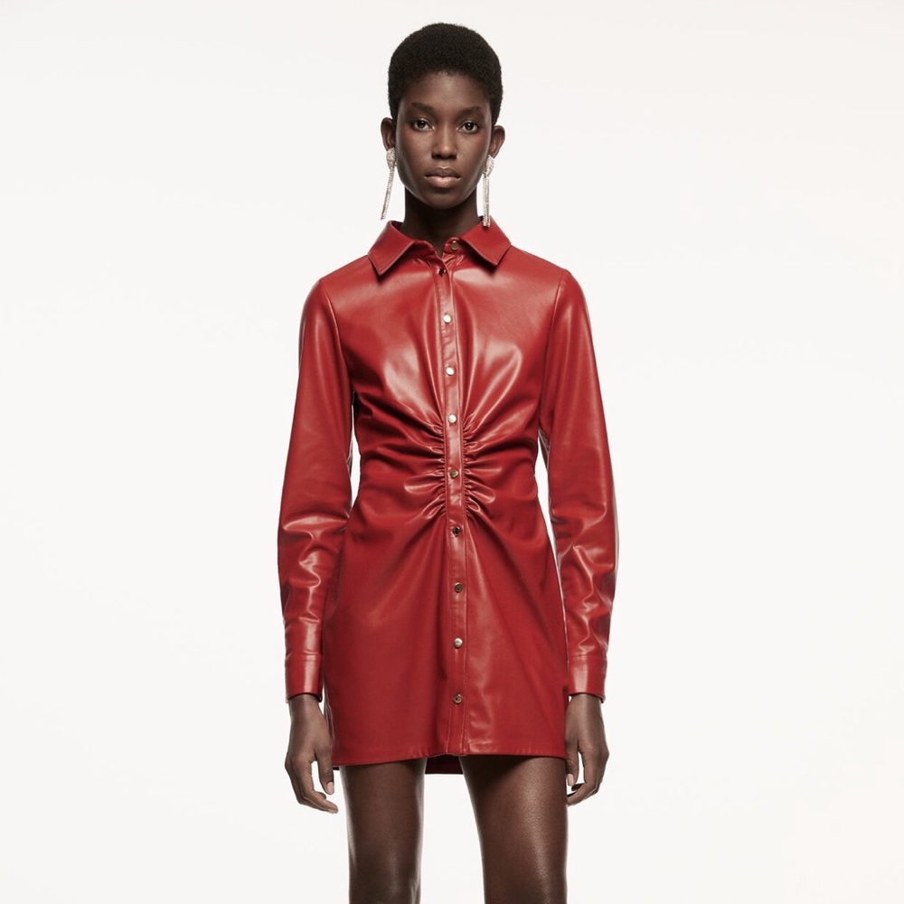 Faux leather red shirt dress